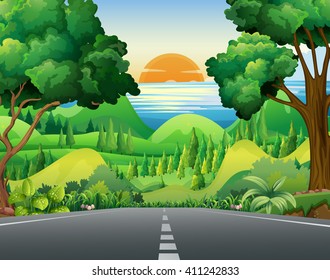 Scene with road and forest illustration