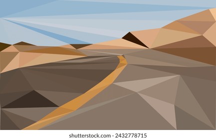 A scene of road mountain in low poly art style design background. landscape view illustration