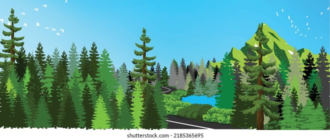The scene of the road running through the forest, mountains, peaceful lake and birds flying in the blue sky. Vector illustration