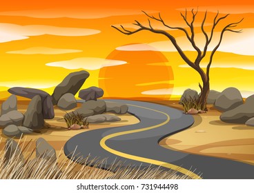 Scene with road at sunset illustration