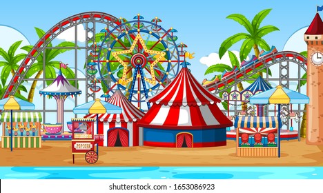 Scene with roller coaster and ferris wheel in the fair illustration