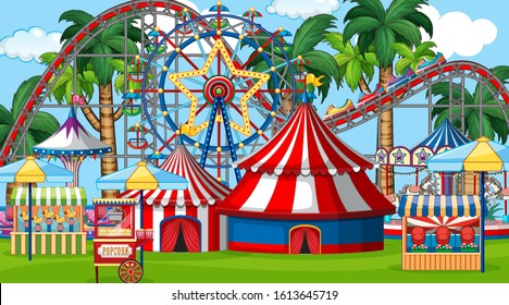 Scene with roller coaster and many rides in the fair illustration