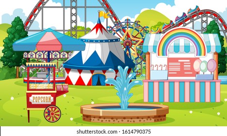 Scene with roller coaster and other rides in the park illustration