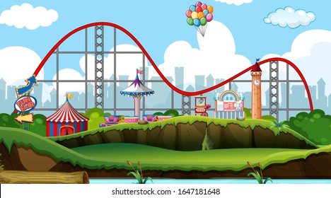 Scene with roller coaster and other rides in the park illustration