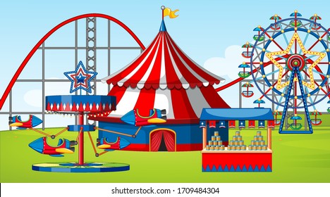 Scene with roller coaster and other rides in the park illustration