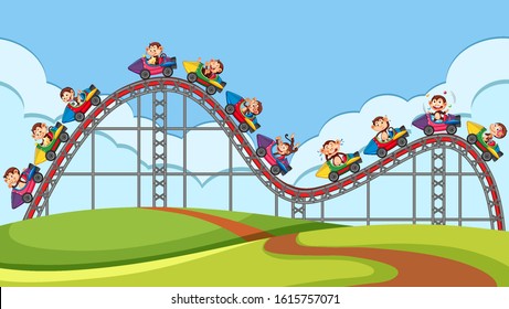 Scene with roller coaster ride in the park illustration