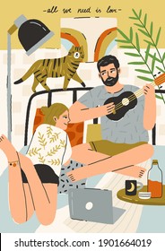 Scene of romantic couple and cat relaxing together. Happy young man playing guitar for woman. Hand-drawn vertical postcard with All We Need Is Love inscription. Colorful flat vector illustration