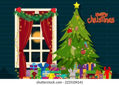 A scene in the room Christmas tree and gifts for a Christmas party.