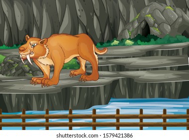 Scene with sabertooth in mountain illustration