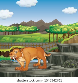 Scene with sabertooth in the zoo illustration