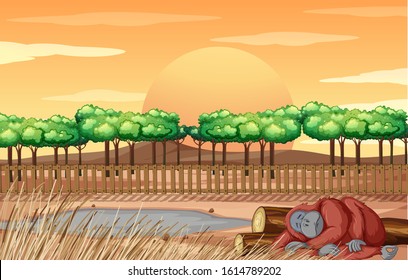 Scene with sad chimpanzee at the zoo illustration