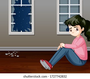 Scene with sad girl in broken home illustration