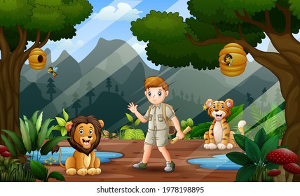 Scene with a safari boy and wild animals in the jungle