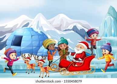 Scene with Santa and children on sleigh illustration