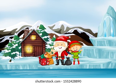 Scene with Santa and elf by the cottage illustration