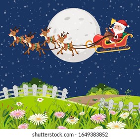 Scene with Santa on the sleigh flying over the green field at night illustration