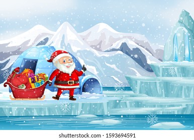 Scene with Santa and present in north pole illustration