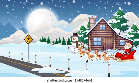 Scene with Santa and reindeer on sleigh illustration