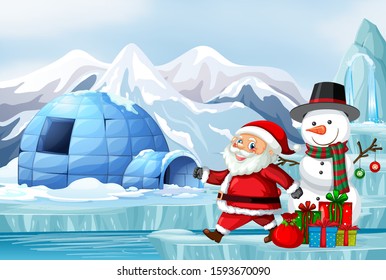 Scene with santa and snowman on christmas illustration