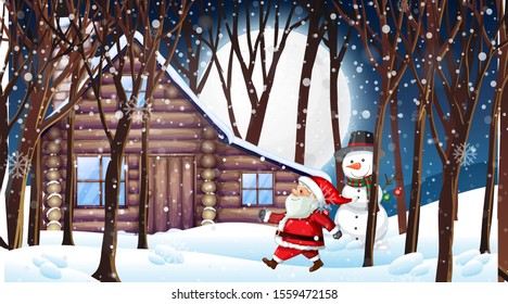 Scene with Santa and snowman in the snowy night illustration