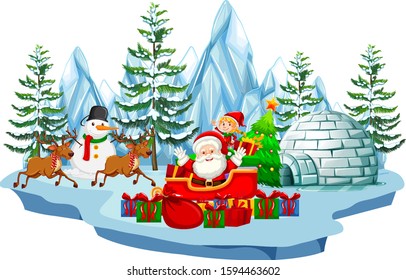 Scene with Santa and snowman in winter time illustration