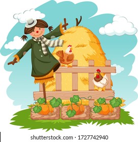 Scene with scarecrow and chickens in vegetable garden illustration