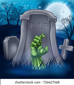 A scene with a scary zombie or Halloween monster green hand breaking out of a grave with tomb stones, graveyard and silhouette trees in the background against a full moon.