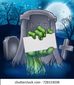 Scene with scary zombie or Halloween monster green hand breaking out of grave holding card sign with copy space for text. Tomb stones, graveyard and silhouette trees in background against full moon.