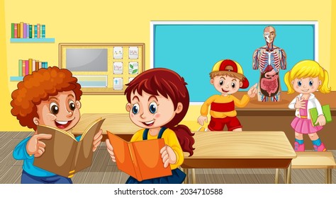 Scene with school kids in the classroom with body anatomy model illustration