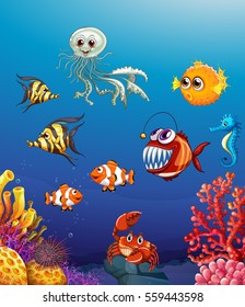 Scene with sea animals under the ocean illustration