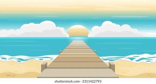 Scene sea beach, Old wooden bridge over sand beach, Vector illustration.