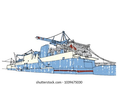Scene sea illustration. Hand drawn ink line sketch European old town, Hamburg, Germany  with port, ships, vessels in outline style. Ink drawing of cityscape, perspective view. Travel postcard.