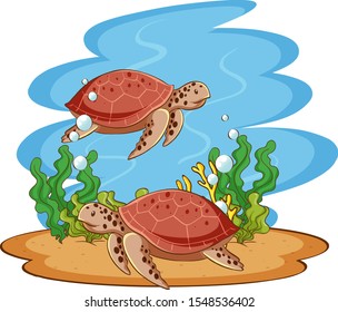 Scene with sea turtles in the sea illustration