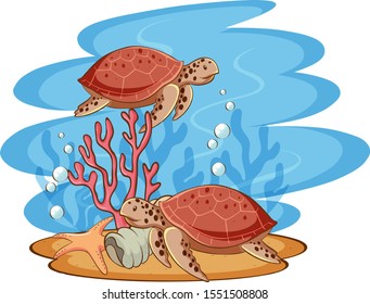 Scene with sea turtles swimming in the sea illustration