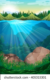 Scene with sea and underwater illustration