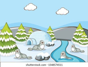 Scene with seals and igloo by the river illustration