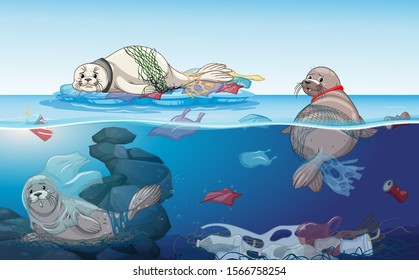 Scene With Seals And Plastic Bags In The Ocean Illustration