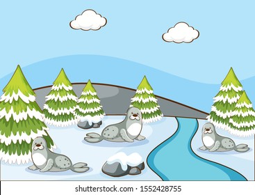 Escena con sellos en la ilustración de invierno