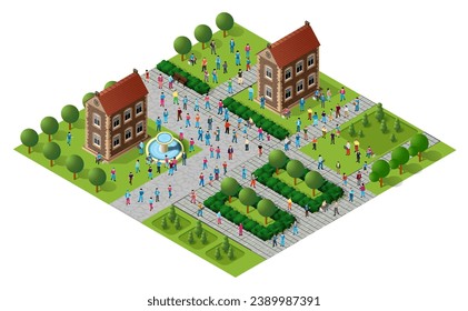 Scene set of city life. People walking and resting in the park of urban infrastructure with trees and walking paths. 3D illustration