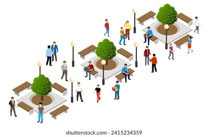 Scene set of city life. People walking and resting in the park of urban infrastructure with trees and walking paths. 3D illustration