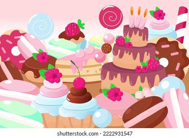 Scene set from confectionery cake, donut, muffin, lollipop, macaron. Horizontal banner of sweets in cartoon style. Sweet life symbol.