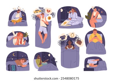 Cenário de jovens personagens de desenhos animados de pessoas diversas que lutam com insônia durante a hora de dormir