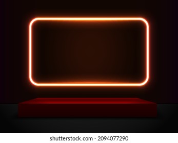 Scene in the shape of a rectangle and a glowing neon frame.Vector background of neon light on a black background.