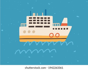 Scene with ship floating in sea or ocean. Side view of touristic ferry boat on water waves. Childish colored flat vector illustration of marine transport on seascape in Scandinavian style