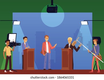 Scene of shooting talk show or political TV debates with cartoon characters of people standing behind tribunes in studio and speaking, flat vector illustration.
