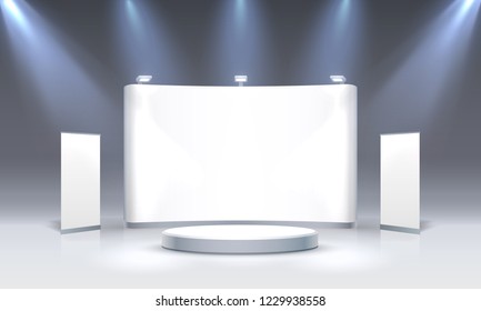 Escena de Podium para presentaciones sobre el fondo negro. Ilustración del vector