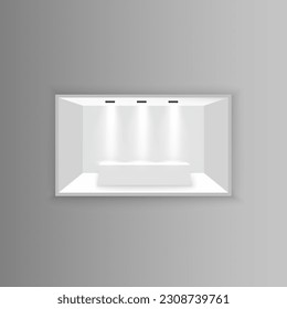 Scene show Podium for presentations. White empty promotional 3D exhibition booth. White empty indoor exhibition stand for presentation with spotlight  on the gray background. Vector illustration, EPS 