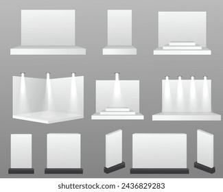 Scene show Podium for presentations. White exhibition stand with desk presentation room. Vector white blank geometric square. Presentation room display. White creative exhibition stand design.