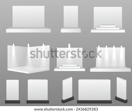Scene show Podium for presentations. White exhibition stand with desk presentation room. Vector white blank geometric square. Presentation room display. White creative exhibition stand design.