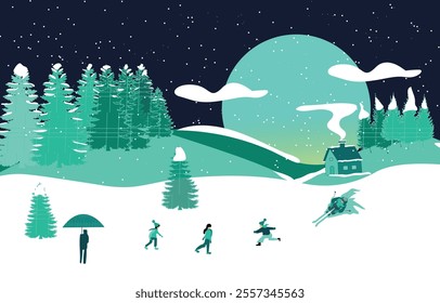 The scene showcases people engaged in various snow activities, including sledding, running, A cozy cabin with a chimney sits on a hillside surrounded by pine trees in futuristic  minimal style